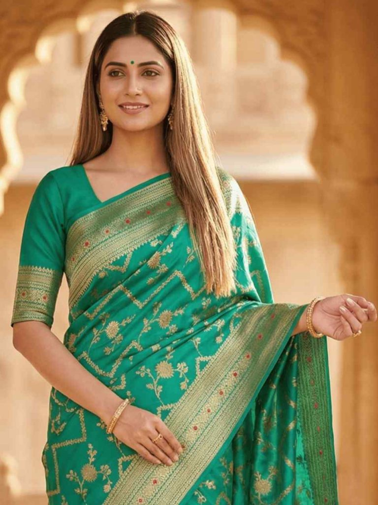 Rama Green Chiniya Silk Pure Banarasi Saree With Floral Zari Jaal Work