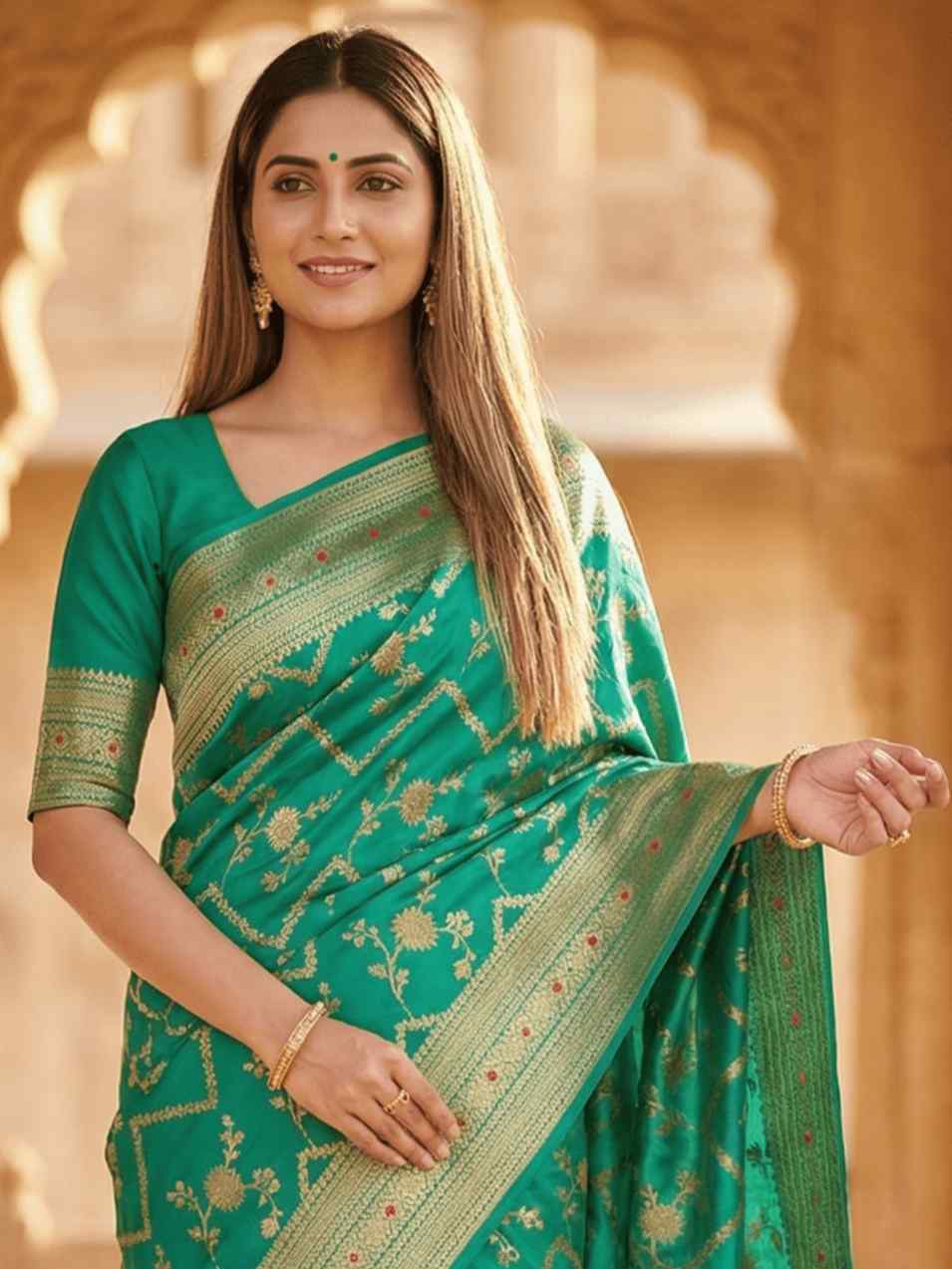 Rama Green Chiniya Silk Pure Banarasi Saree With Floral Zari Jaal Work