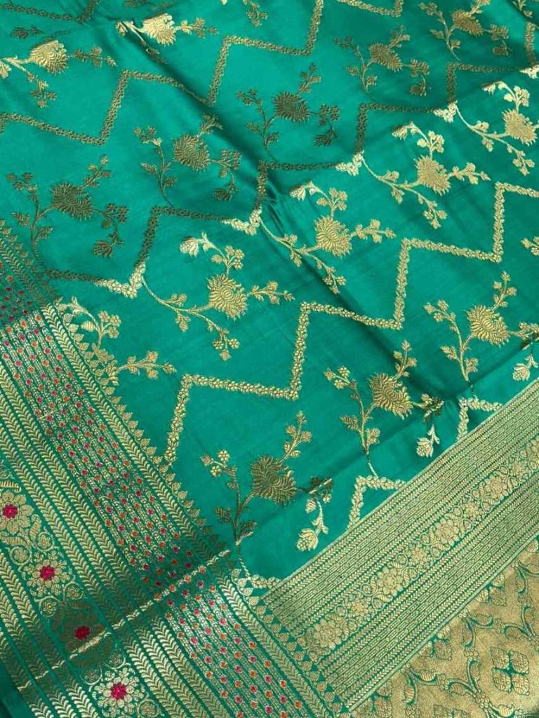 Rama Green Chiniya Silk Pure Banarasi Saree With Floral Zari Jaal Work