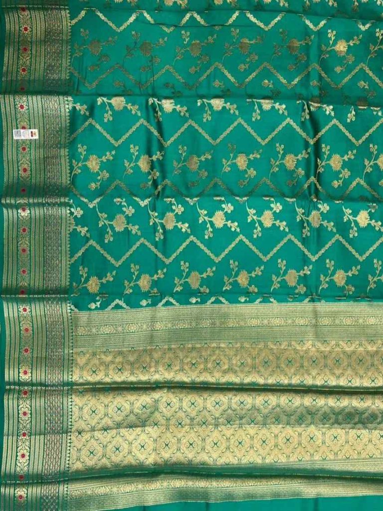 Rama Green Chiniya Silk Pure Banarasi Saree With Floral Zari Jaal Work