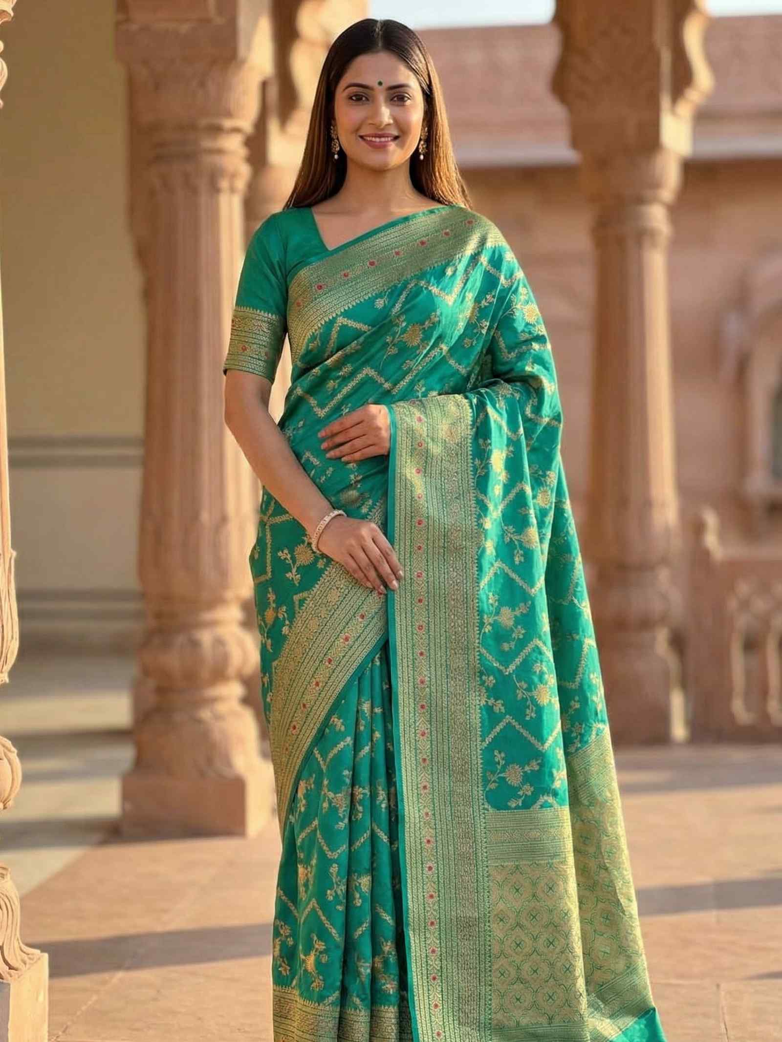 Rama Green Chiniya Silk Pure Banarasi Saree With Floral Zari Jaal Work