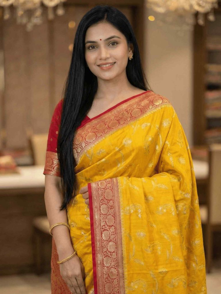 Mustard Chiniya Silk Pure Banarasi Saree With Floral Zari Jaal Work