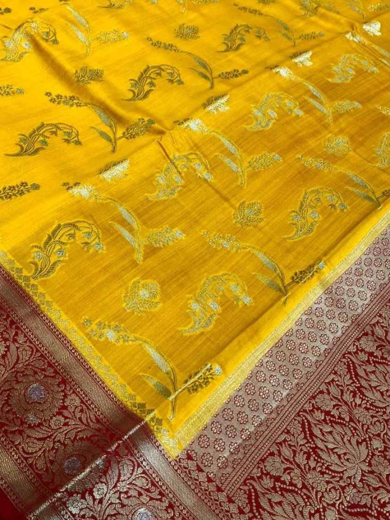 Mustard Chiniya Silk Pure Banarasi Saree With Floral Zari Jaal Work