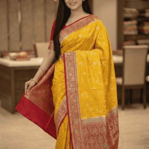 Mustard Chiniya Silk Pure Banarasi Saree With Floral Zari Jaal Work