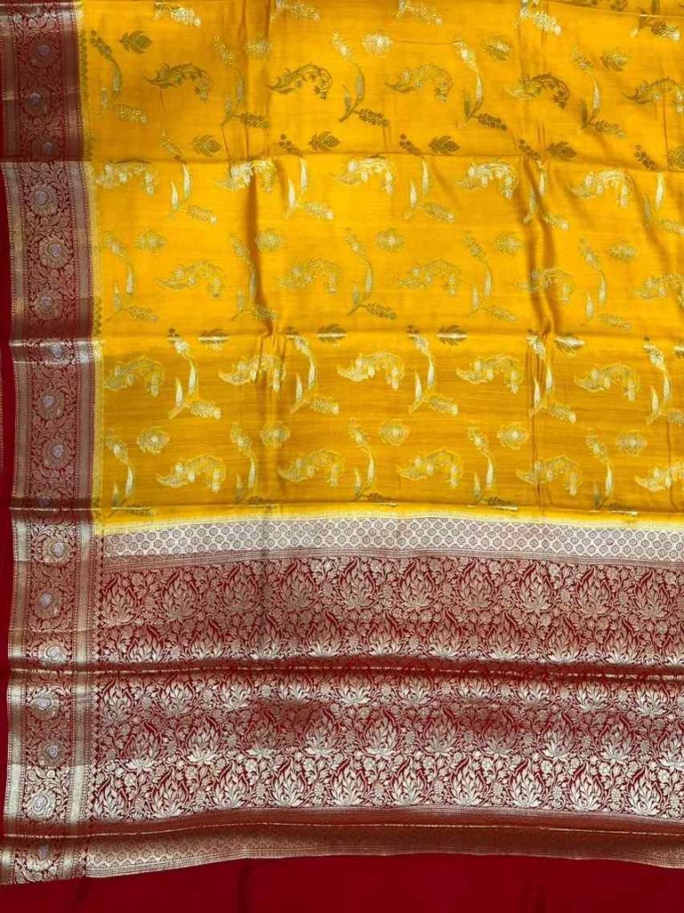 Mustard Chiniya Silk Pure Banarasi Saree With Floral Zari Jaal Work