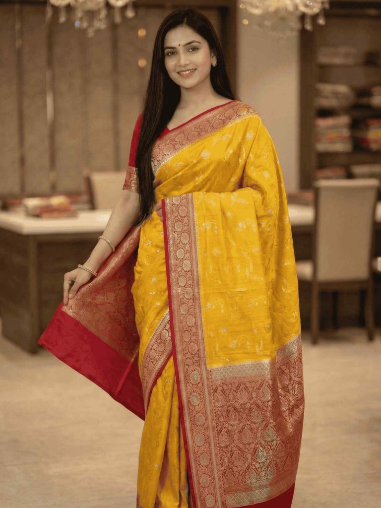Mustard Chiniya Silk Pure Banarasi Saree With Floral Zari Jaal Work