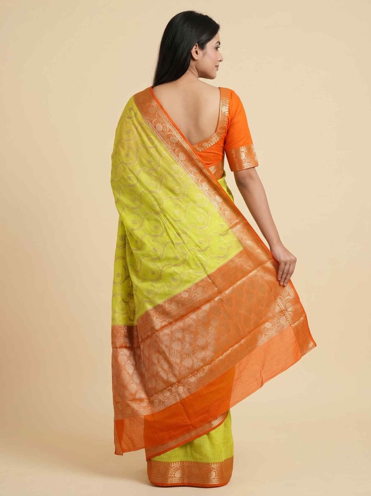 Lemon Cotton Silk Pure Banarasi Saree With Silver Zari Floral Work