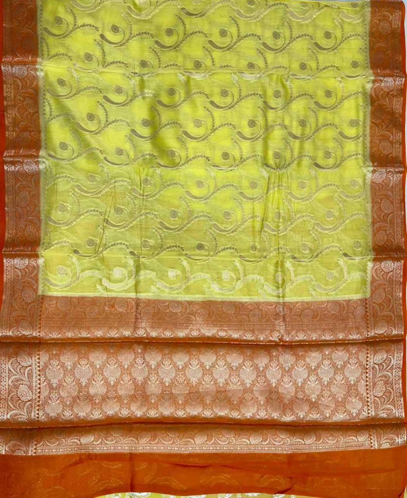 Lemon Cotton Silk Pure Banarasi Saree With Silver Zari Floral Work