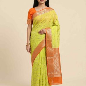 Lemon Cotton Silk Pure Banarasi Saree With Silver Zari Floral Work
