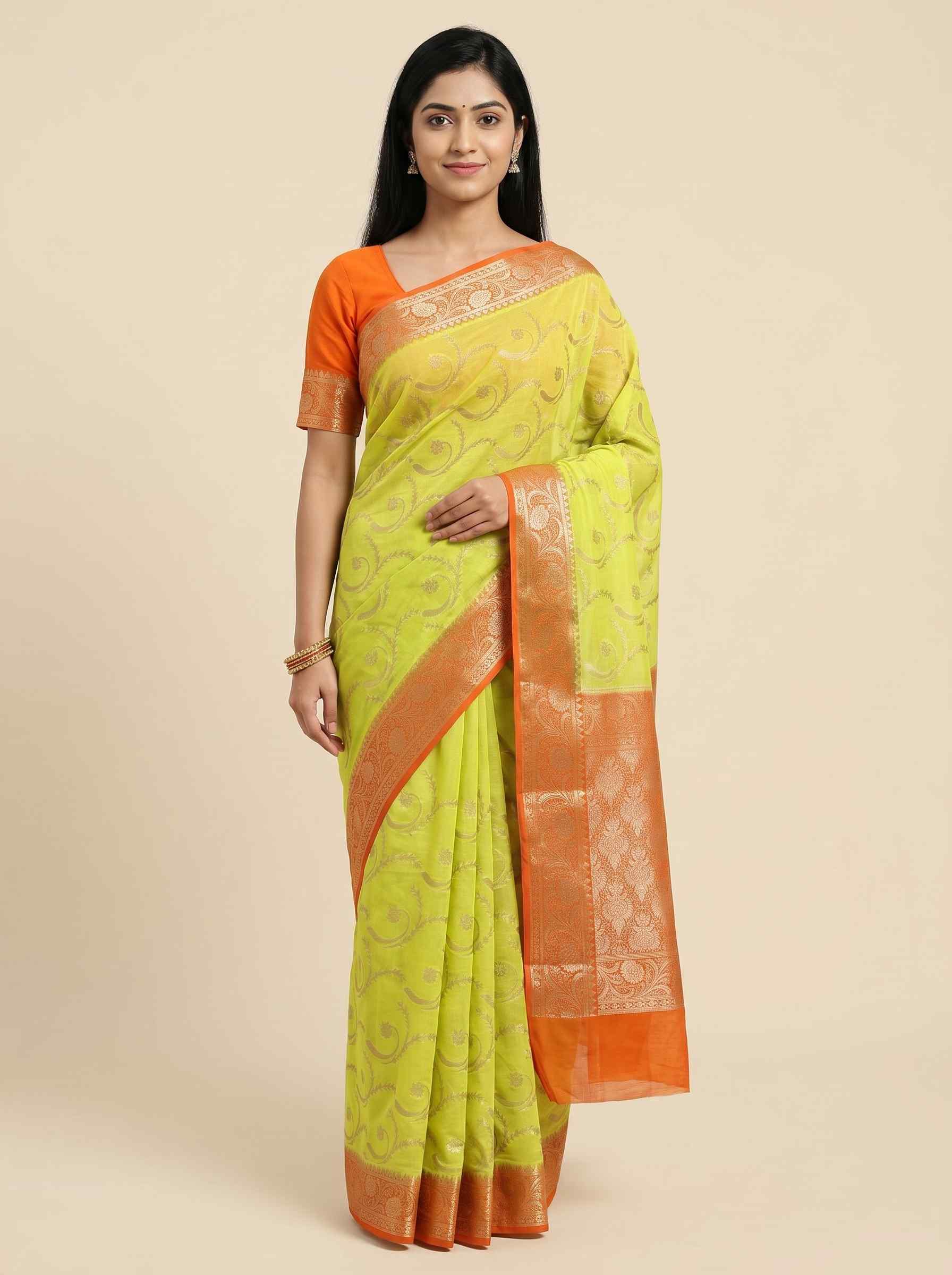 Lemon Cotton Silk Pure Banarasi Saree With Silver Zari Floral Work