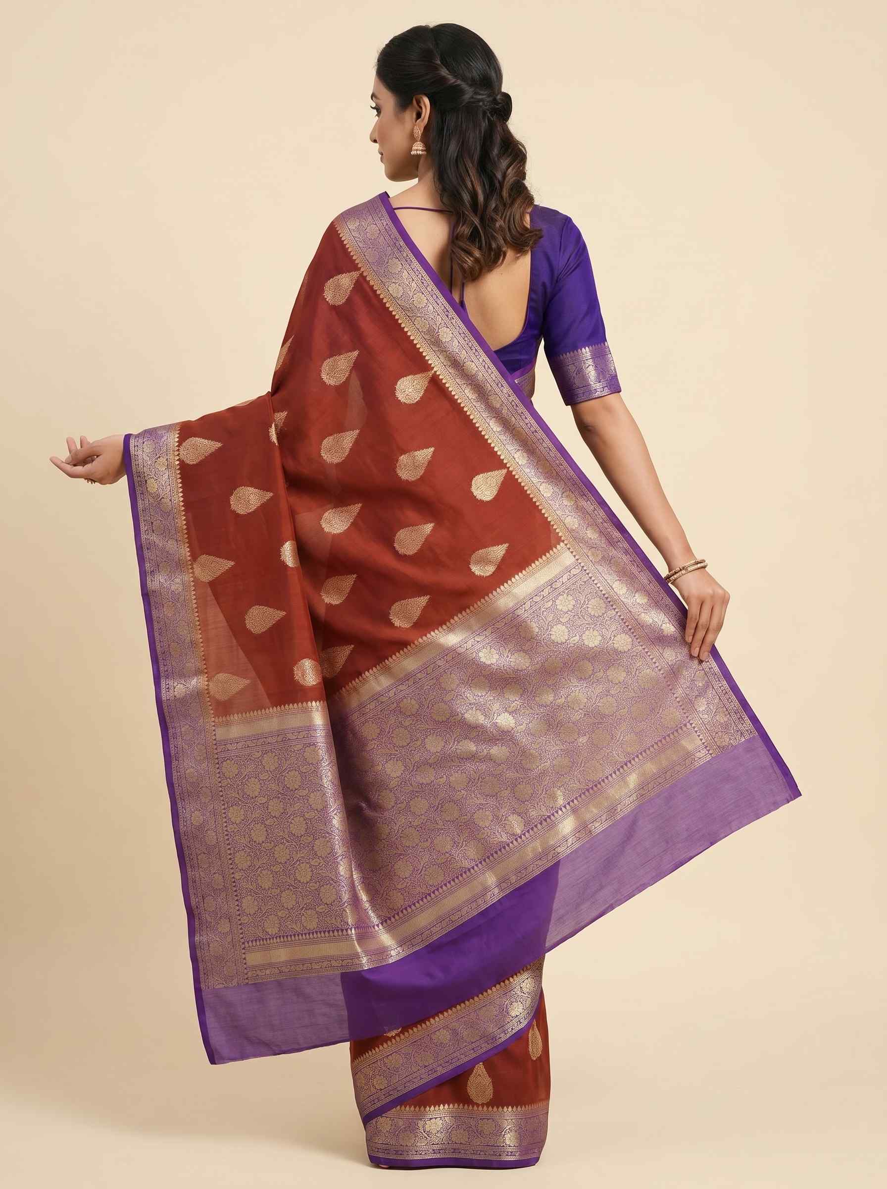 Maroon Cotton Silk Pure Banarasi Saree With Floral Zari Boota Work