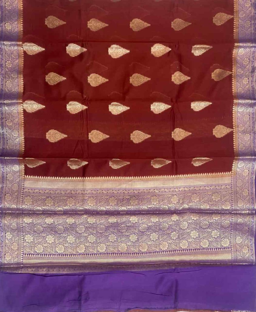 Maroon Cotton Silk Pure Banarasi Saree With Floral Zari Boota Work