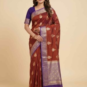 Maroon Cotton Silk Pure Banarasi Saree With Floral Zari Boota Work