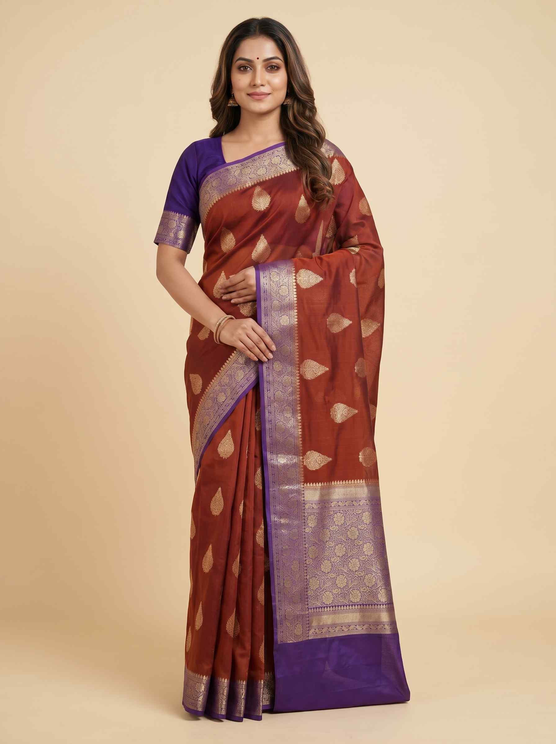 Maroon Cotton Silk Pure Banarasi Saree With Floral Zari Boota Work
