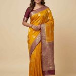 Mustard Cotton Silk Pure Banarasi Saree With Floral Zari Boota Work