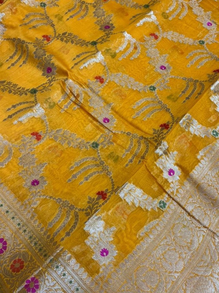 Mustard Cotton Silk Pure Banarasi Saree With Floral Zari Jaal Work