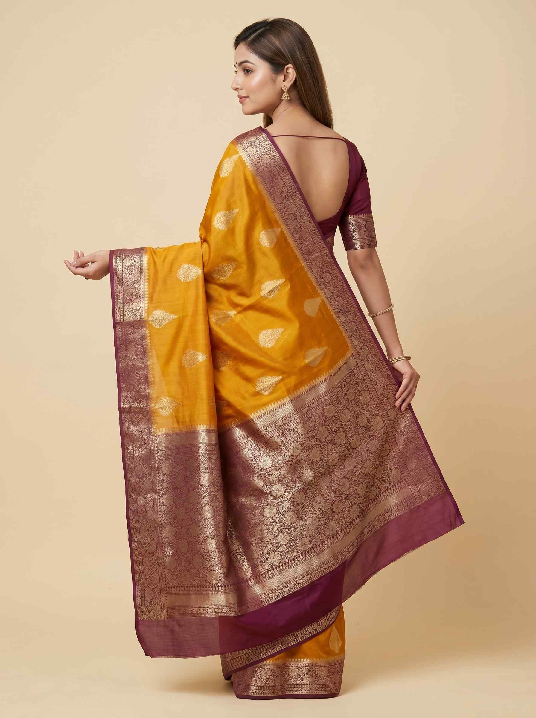 Mustard Cotton Silk Pure Banarasi Saree With Floral Zari Boota Work