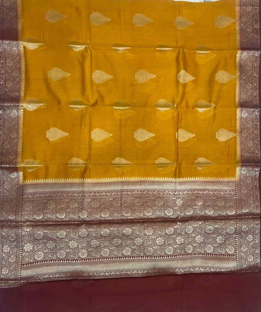 Mustard Cotton Silk Pure Banarasi Saree With Floral Zari Boota Work