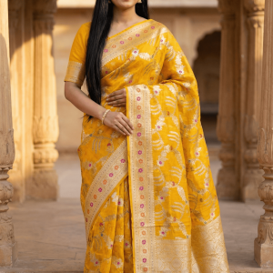 Mustard Cotton Silk Pure Banarasi Saree With Floral Zari Jaal Work