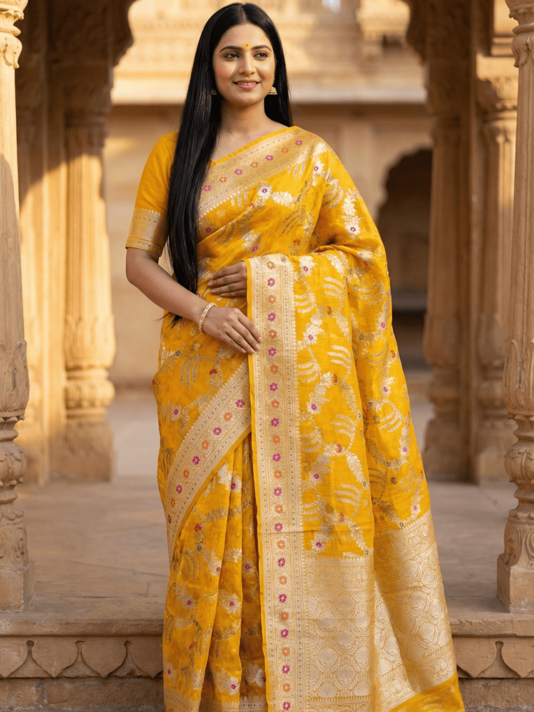Mustard Cotton Silk Pure Banarasi Saree With Floral Zari Jaal Work