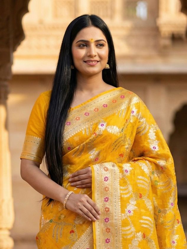 Mustard Cotton Silk Pure Banarasi Saree With Floral Zari Jaal Work
