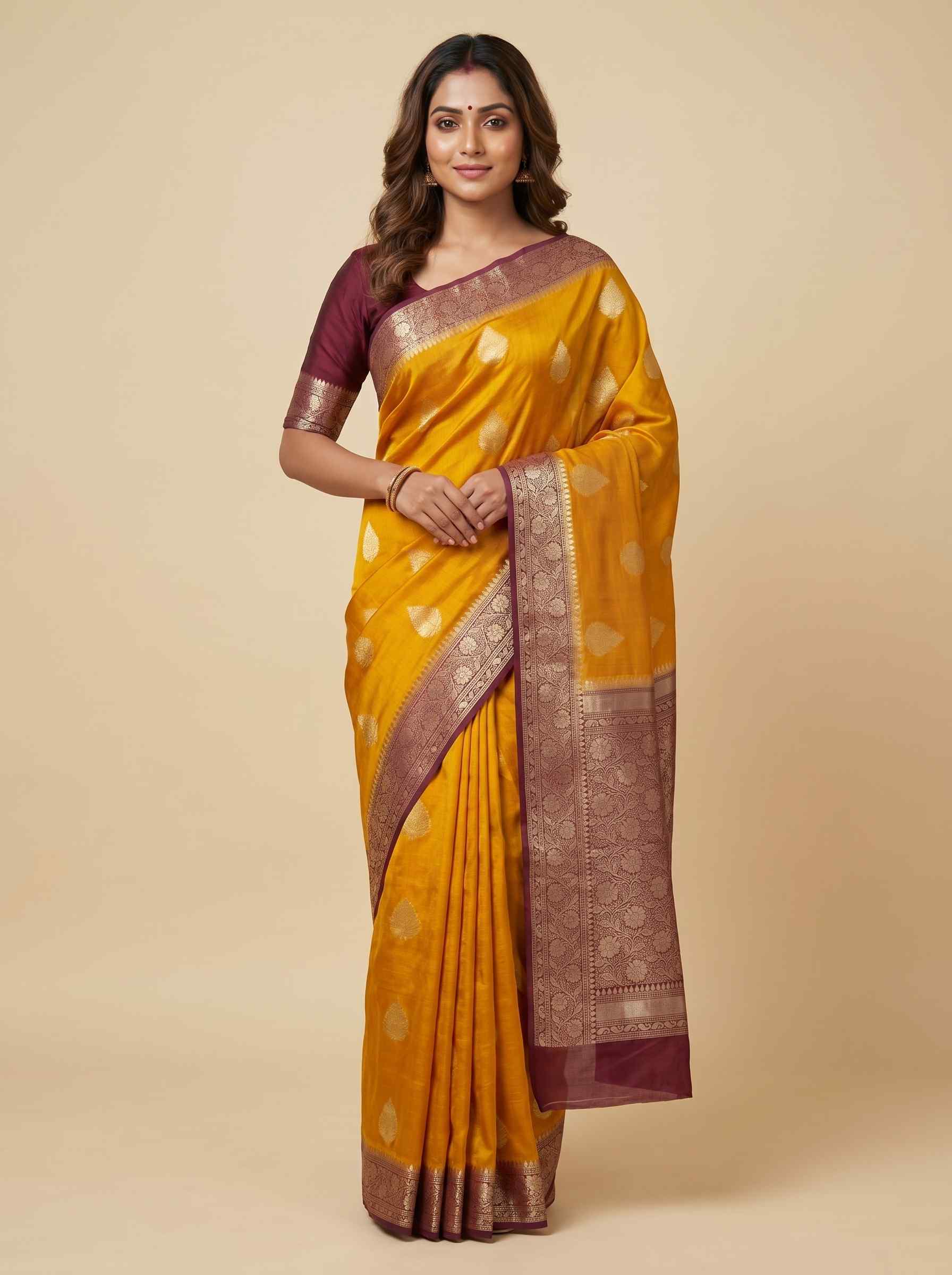 Mustard Cotton Silk Pure Banarasi Saree With Floral Zari Boota Work