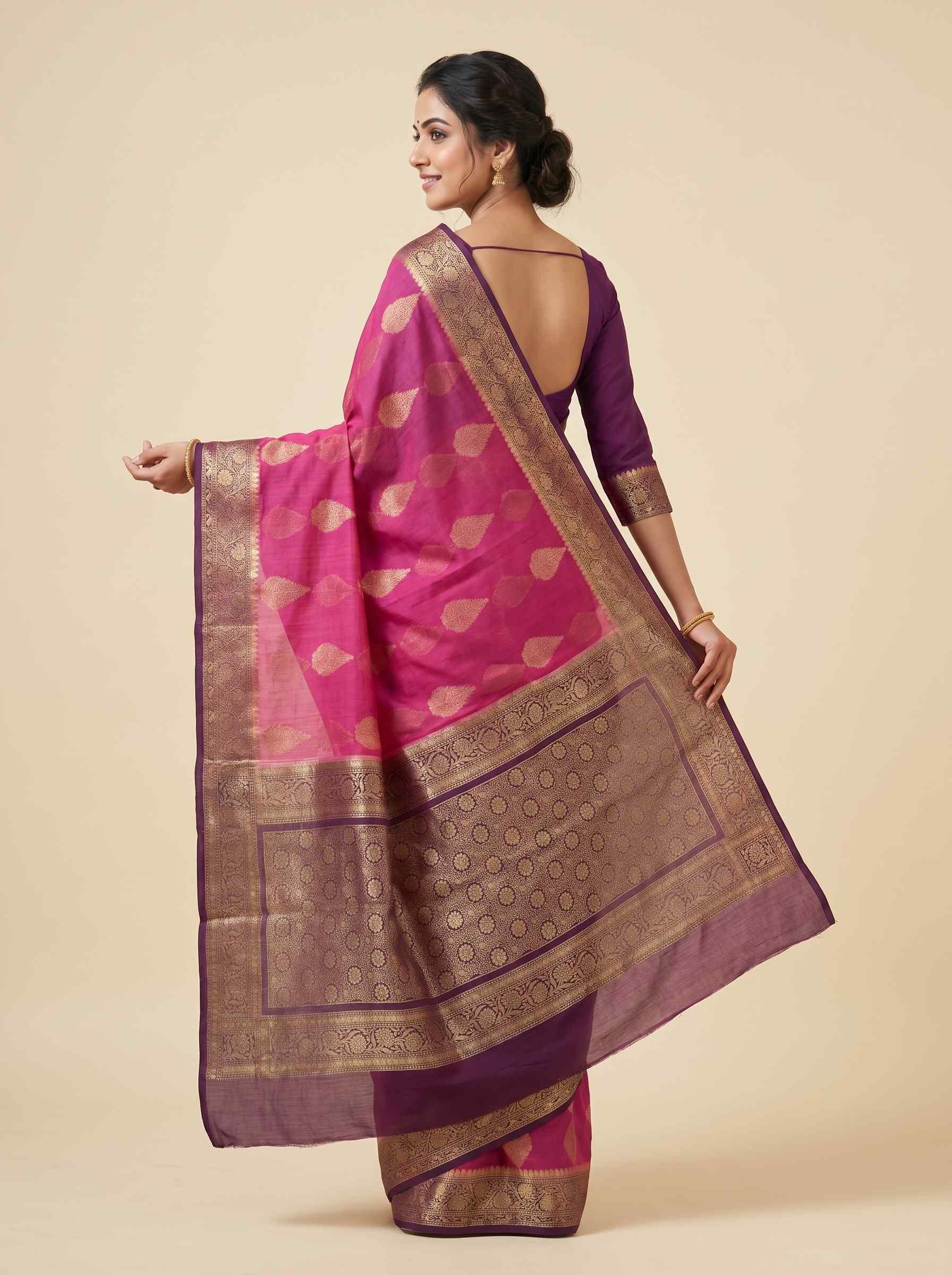 Rani Pink Cotton Silk Pure Banarasi Saree With Floral Zari Boota Work