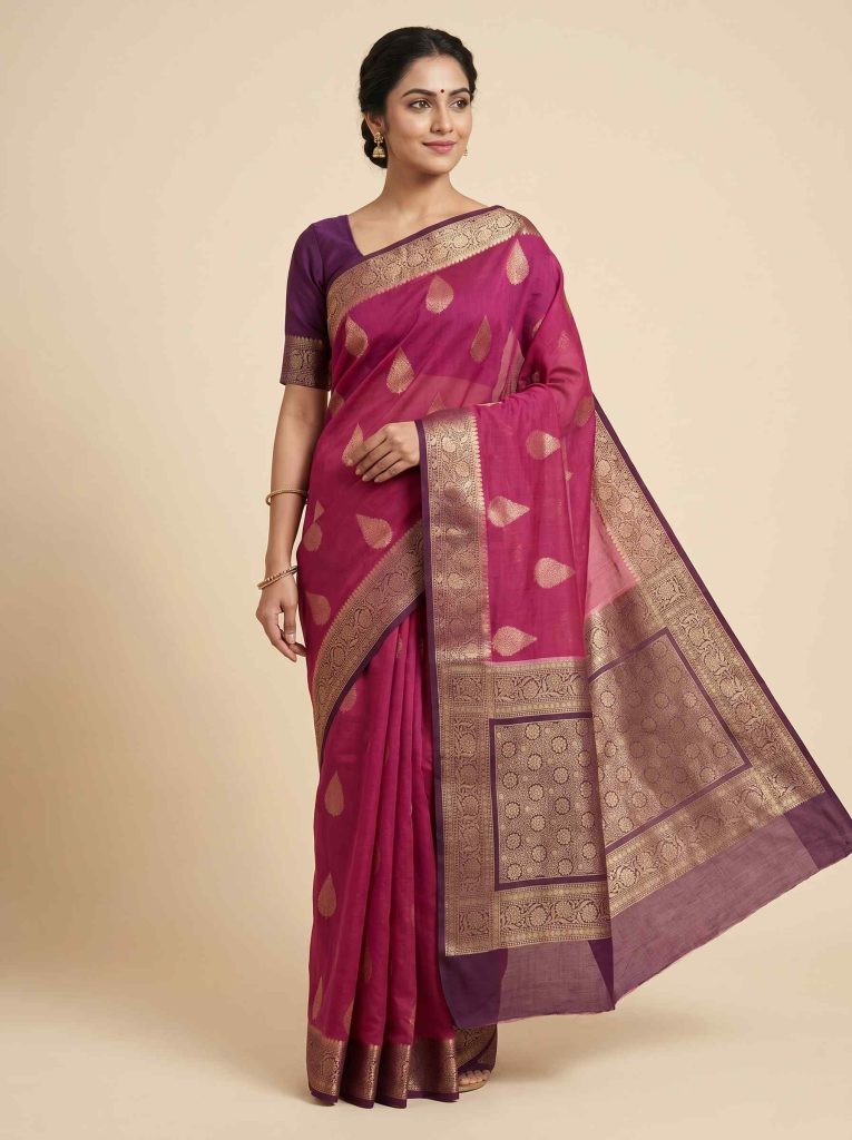 Rani Pink Cotton Silk Pure Banarasi Saree With Floral Zari Boota Work