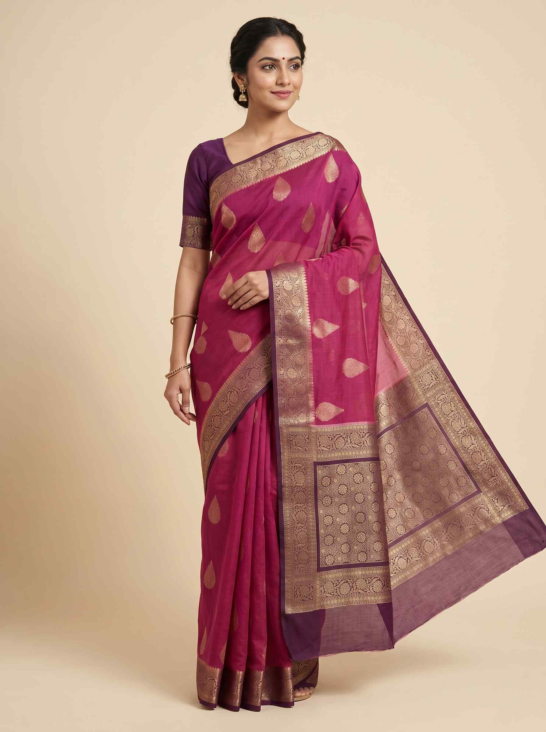 Rani Pink Cotton Silk Pure Banarasi Saree With Floral Zari Boota Work