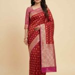 Red Cotton Silk Pure Banarasi Saree With Golden Zari Booti Work