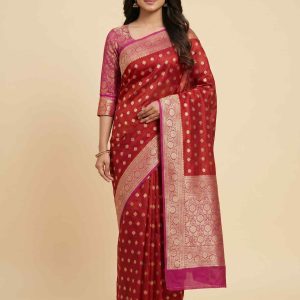 Red Cotton Silk Pure Banarasi Saree With Golden Zari Booti Work