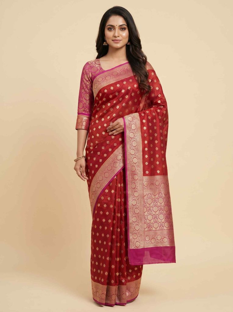 Red Cotton Silk Pure Banarasi Saree With Golden Zari Booti Work