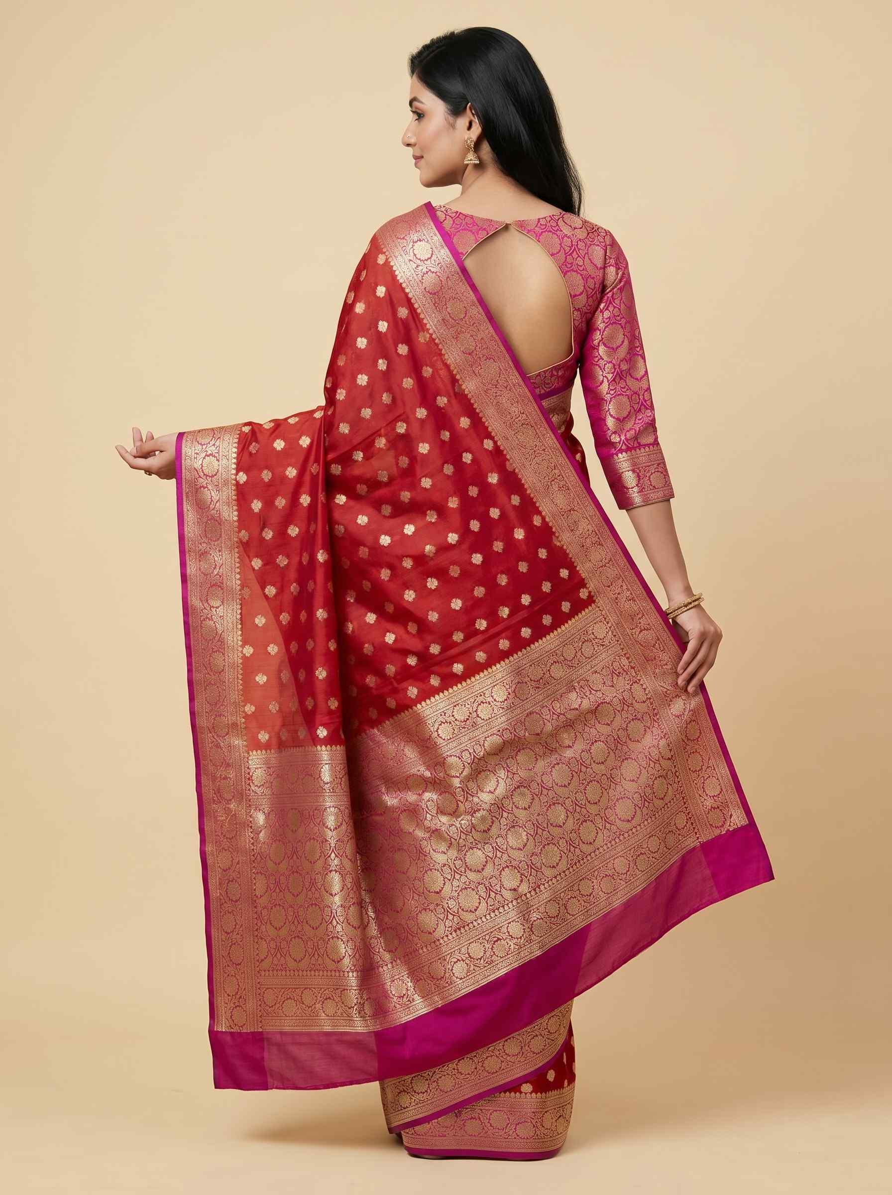 Red Cotton Silk Pure Banarasi Saree With Golden Zari Booti Work