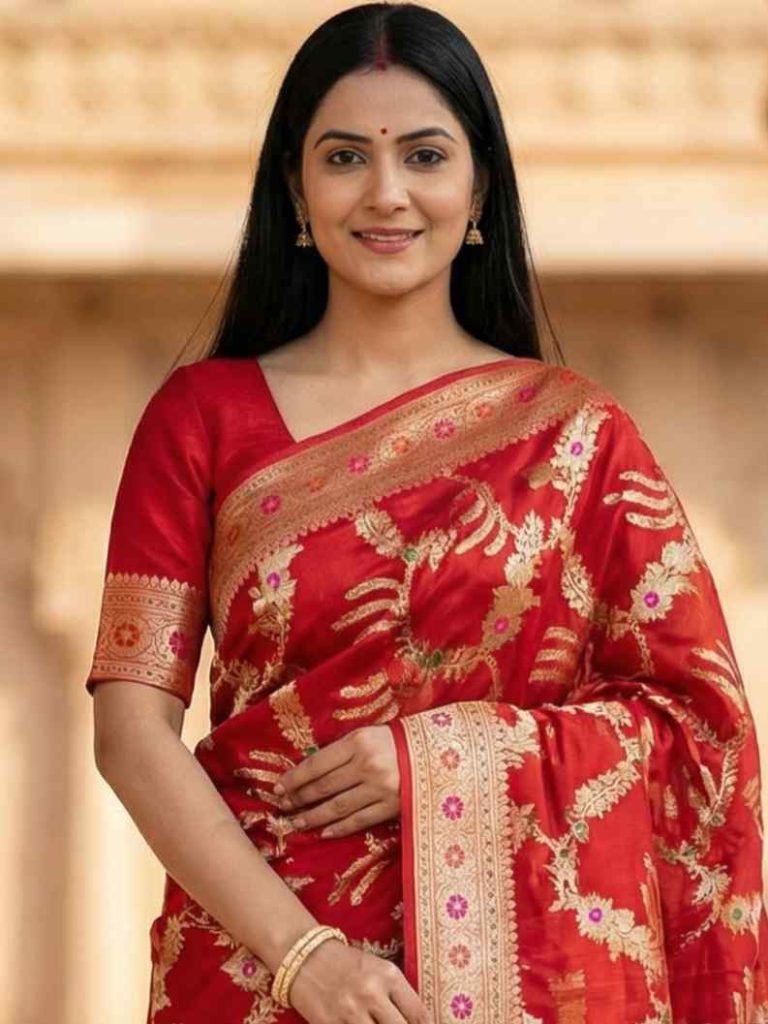 Red Cotton Silk Pure Banarasi Saree With Floral Zari Jaal Work