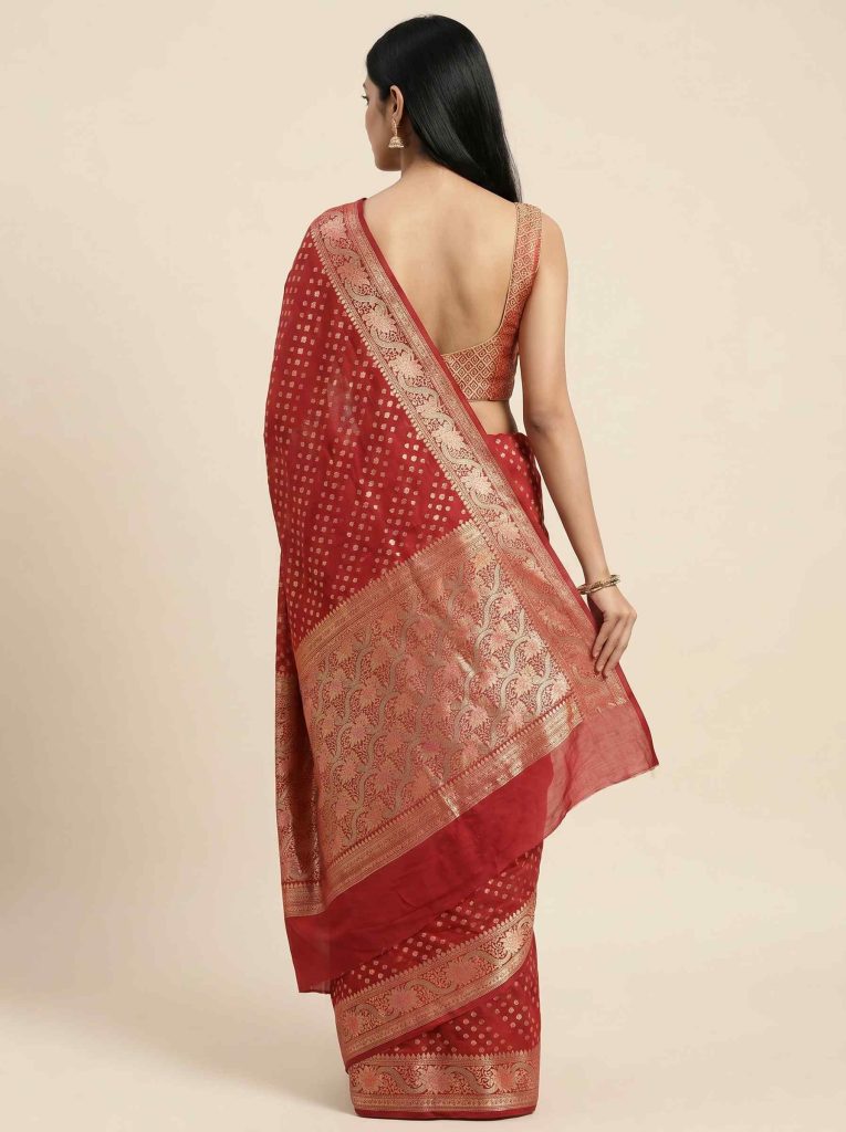 Red Cotton Silk Pure Banarasi Saree With Zari Booti And Rangkart Work