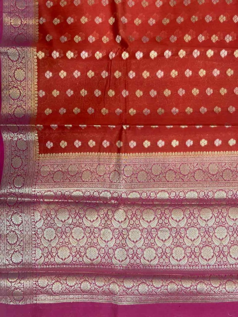 Red Cotton Silk Pure Banarasi Saree With Golden Zari Booti Work