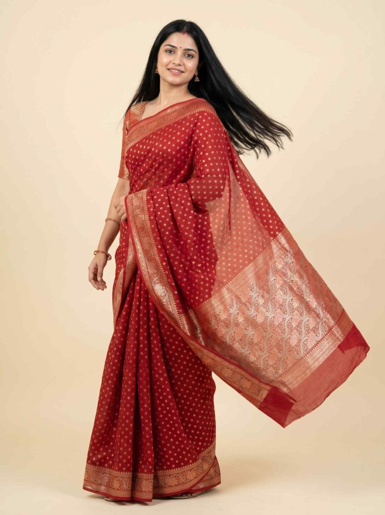 Red Cotton Silk Pure Banarasi Saree With Zari Booti And Rangkart Work