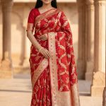 Red Cotton Silk Pure Banarasi Saree With Floral Zari Jaal Work