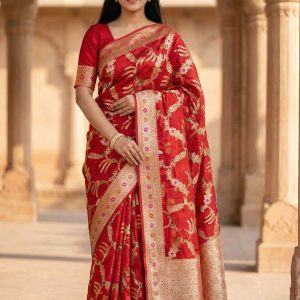 Red Cotton Silk Pure Banarasi Saree With Floral Zari Jaal Work