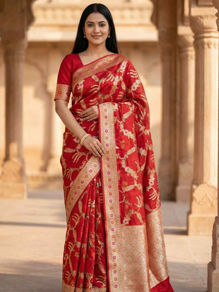 Red Cotton Silk Pure Banarasi Saree With Floral Zari Jaal Work