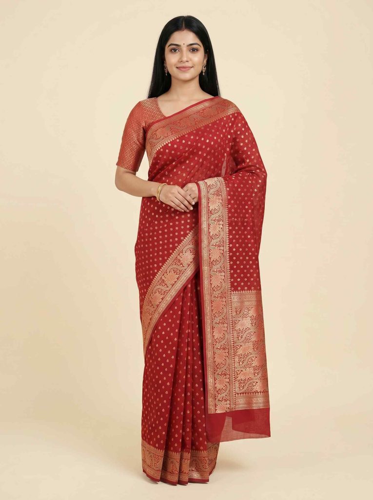 Red Cotton Silk Pure Banarasi Saree With Zari Booti And Rangkart Work