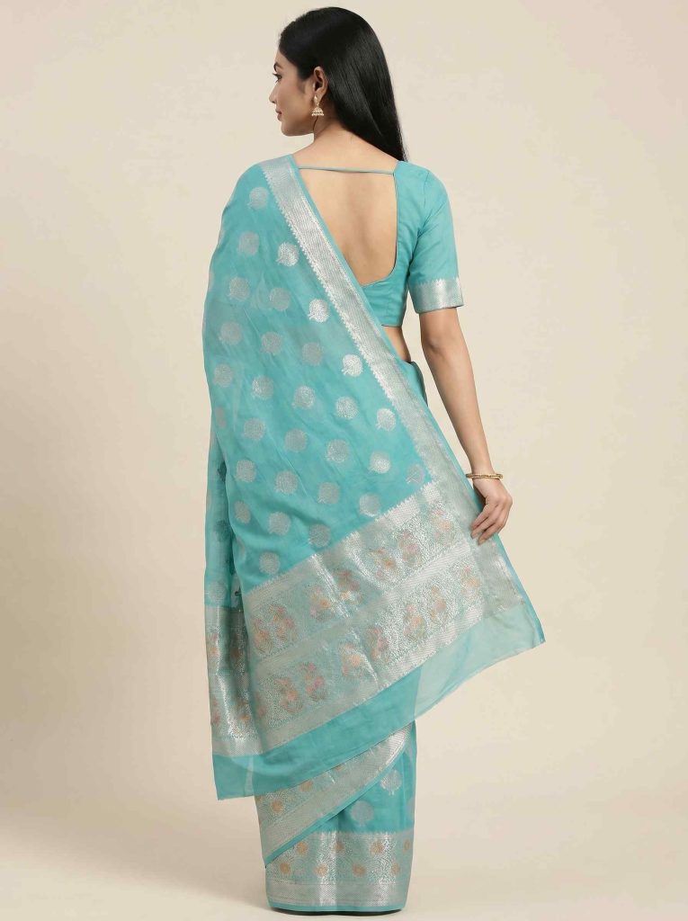 SkyBlue Cotton Silk Pure Banarasi Saree With Zari Boota Work
