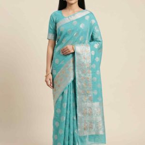 SkyBlue Cotton Silk Pure Banarasi Saree With Zari Boota Work