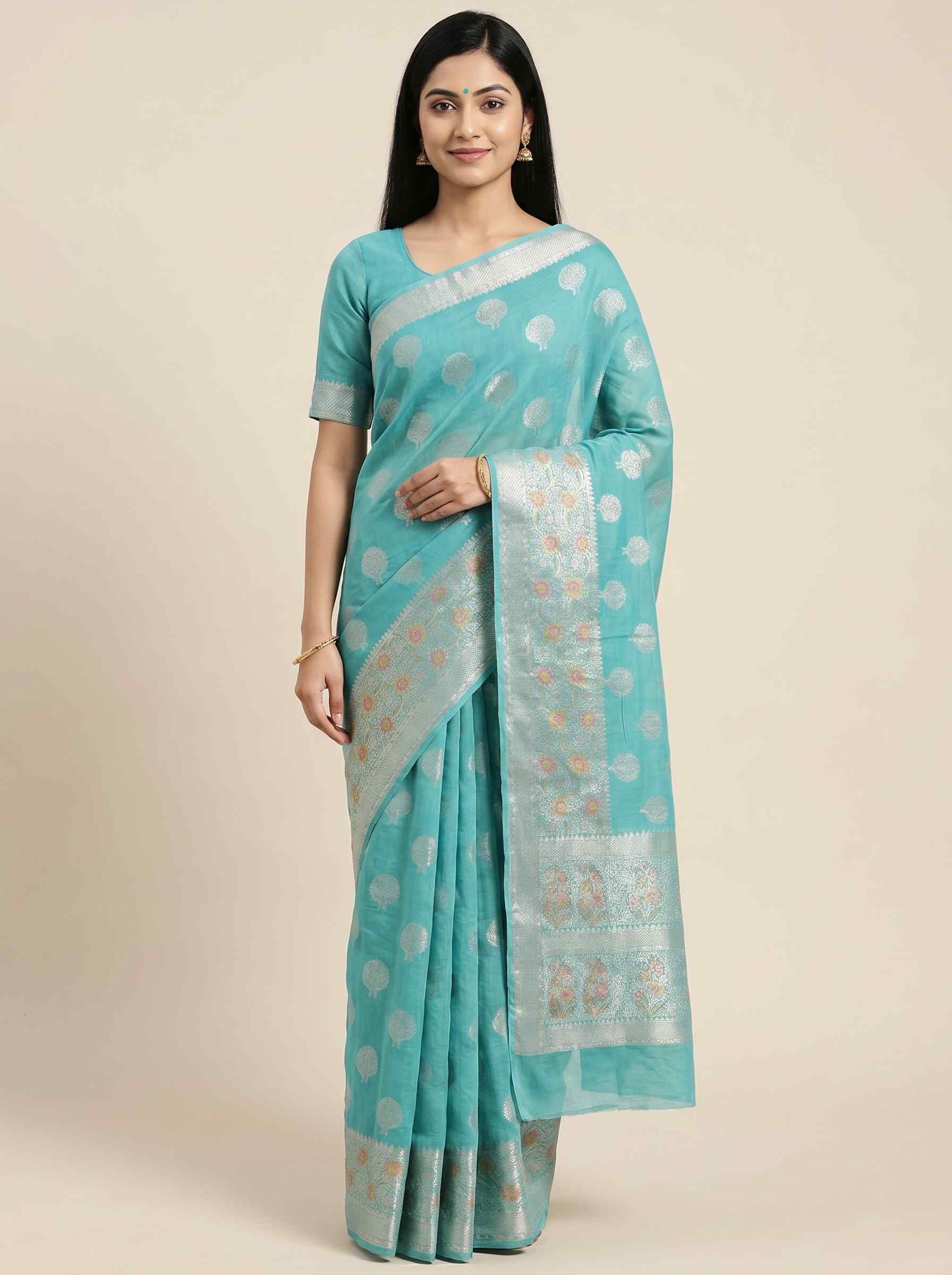 SkyBlue Cotton Silk Pure Banarasi Saree With Zari Boota Work