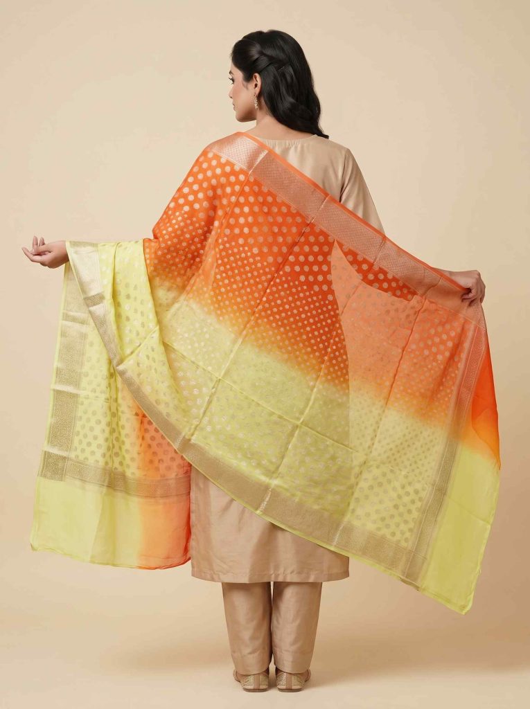 Dual Shade Khaddi Georgette Pure Silk Banarasi Dupatta With Zari Booti Work