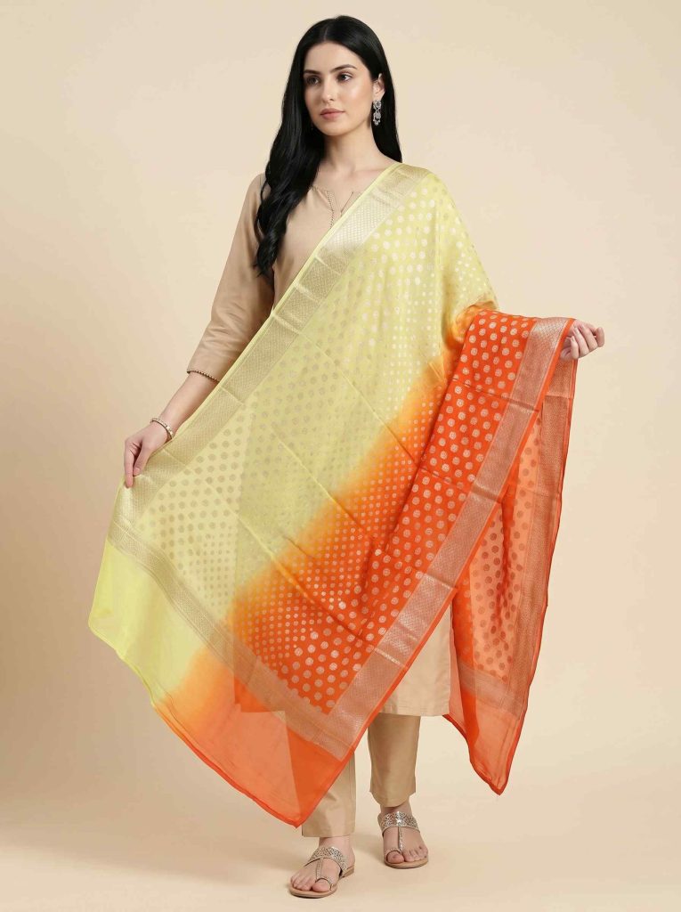 Dual Shade Khaddi Georgette Pure Silk Banarasi Dupatta With Zari Booti Work