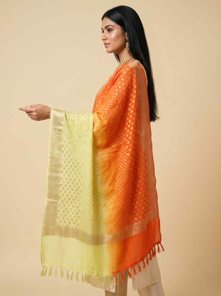 Dual Shade Khaddi Georgette Pure Silk Banarasi Dupatta With Zari Booti Work