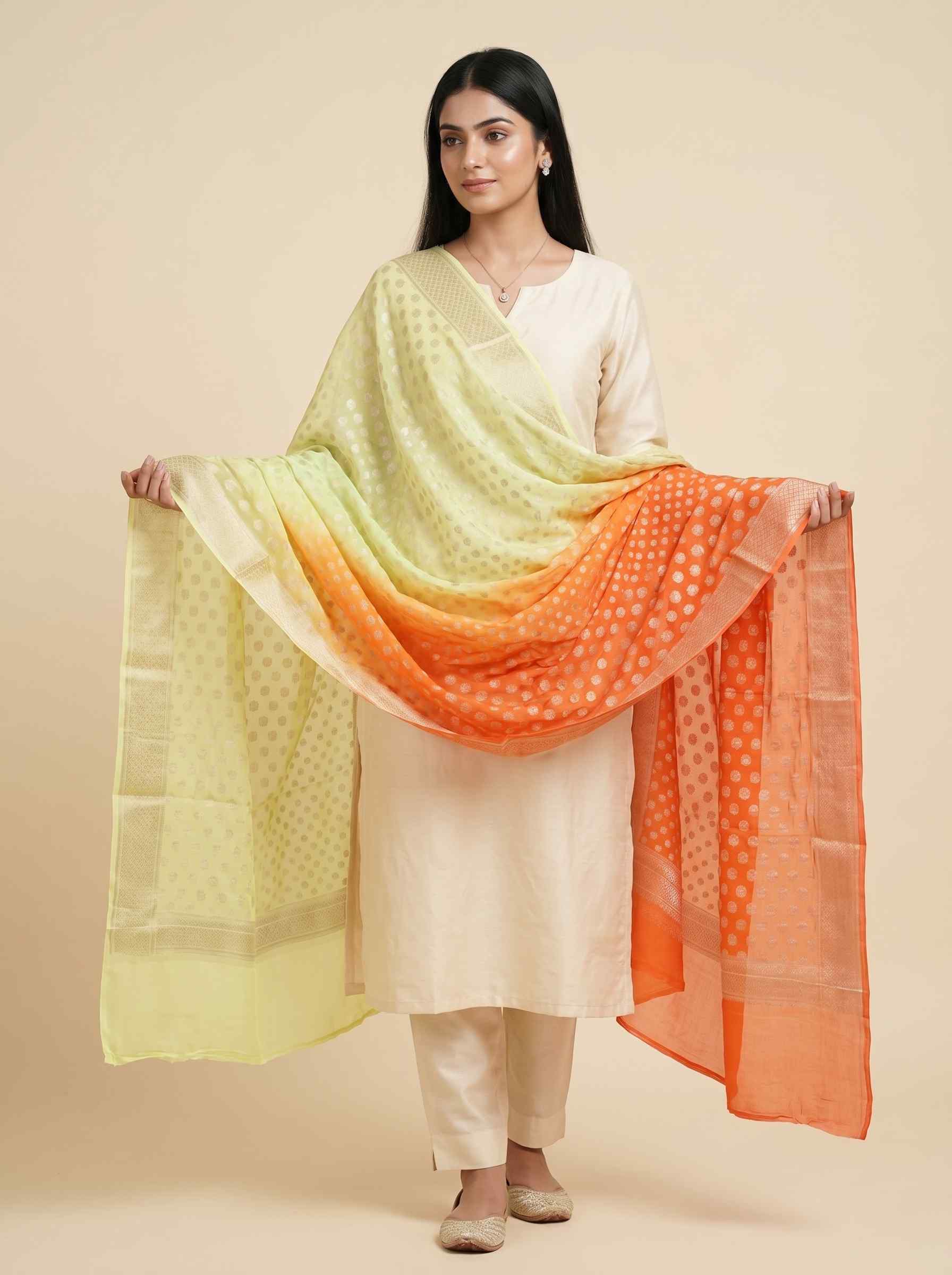 Dual Shade Khaddi Georgette Pure Silk Banarasi Dupatta With Zari Booti Work