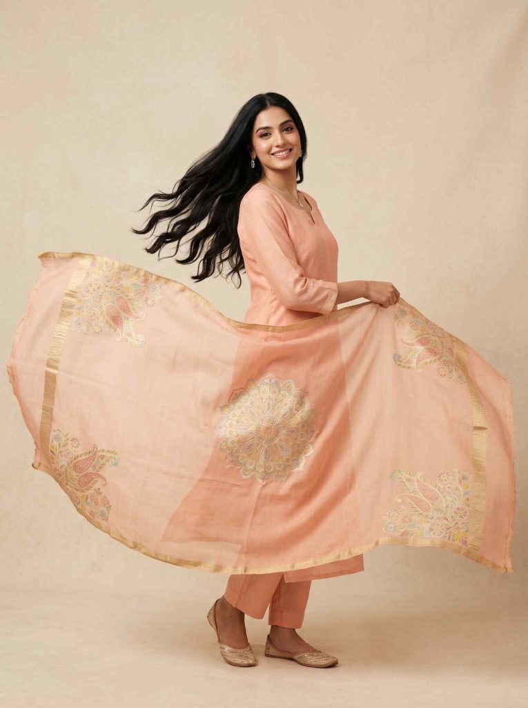 Peach Munga Silk Pure Banarasi Dupatta With Floral Rangkart Work
