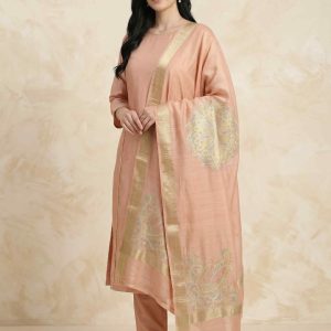 Peach Munga Silk Pure Banarasi Dupatta With Floral Rangkart Work